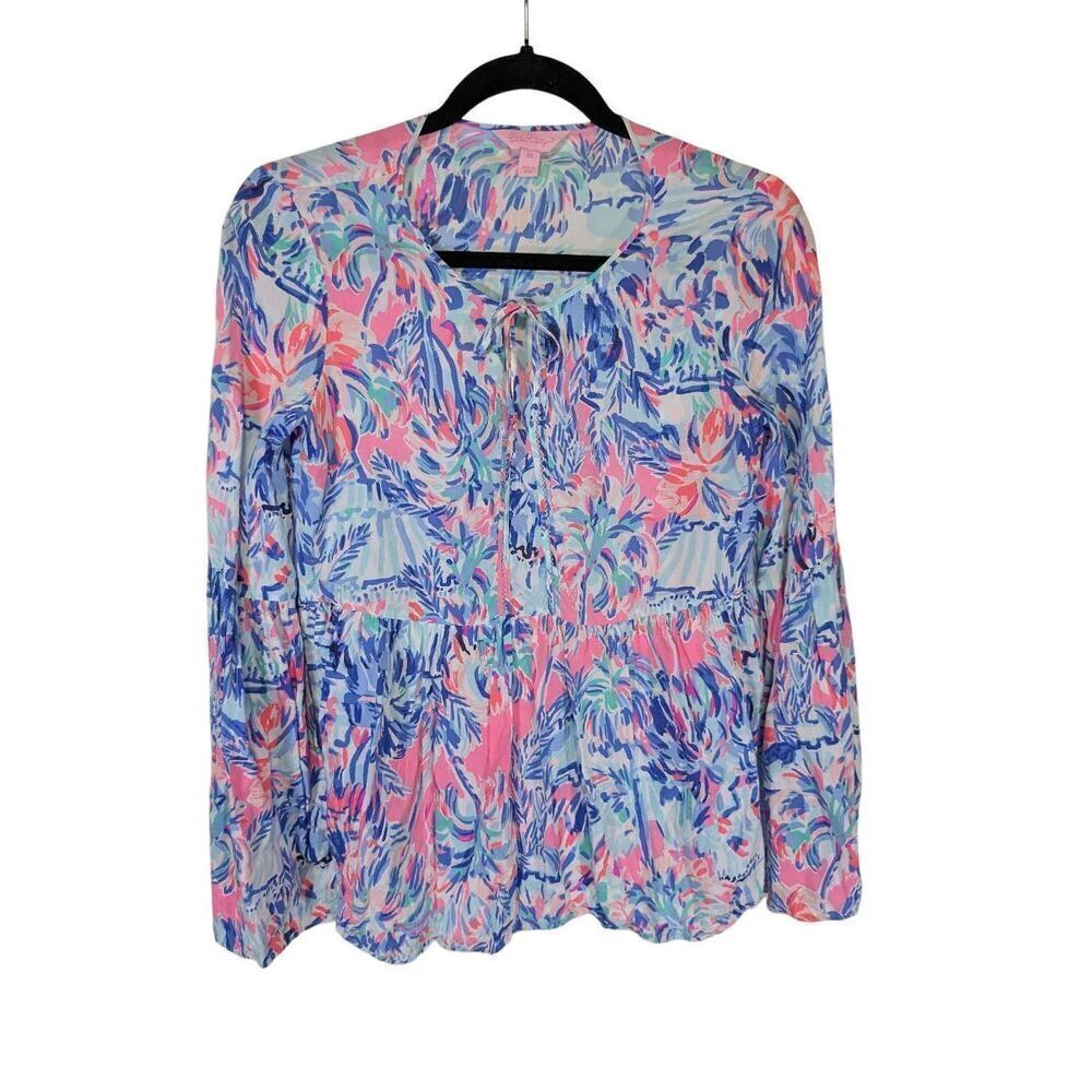 Lilly Pulitzer Bule and Pink Khali Bell Sleeve Top in Blue Grotto Top Women's XS